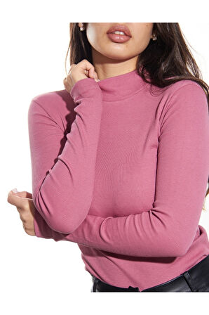 ALYA UNDERWEAR Kaşkorse Yarım Boğaz Body Sweatshirt, Fitilli Kumaş, Likralı, Bordo