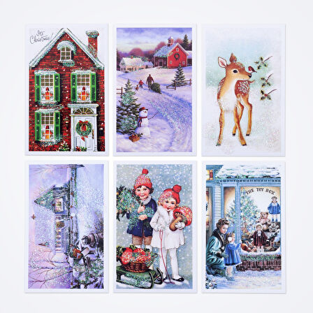 Simli kartpostal, yılbaşı, kırmızı ev ve kardan adam  Set (12 adet)