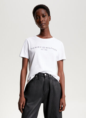 Tommy Hilfiger Bisiklet Yaka Baskılı Beyaz Kadın T-Shirt WW0WW40276YCF