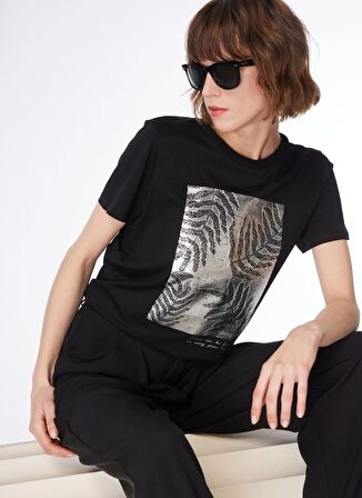 Fabrika Bisiklet Yaka Varaklı Siyah Kadın T-Shirt F4SL-TST0289