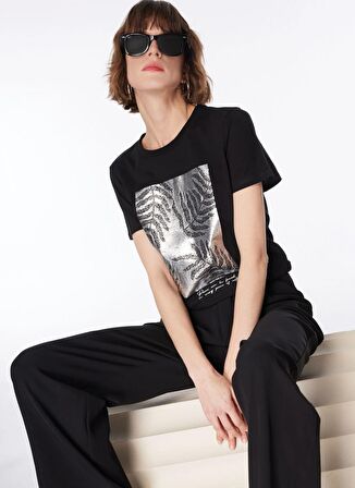 Fabrika Bisiklet Yaka Varaklı Siyah Kadın T-Shirt F4SL-TST0289