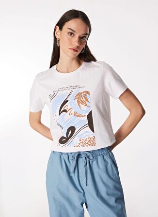 Fabrika Bisiklet Yaka Baskılı Beyaz Kadın T-Shirt F4SL-TST0350
