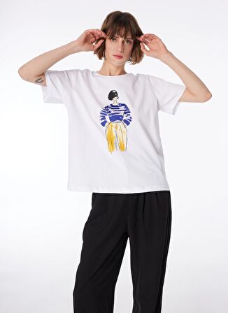 Fabrika Bisiklet Yaka Baskılı Kırık Beyaz Kadın T-Shirt F4SL-TST0212
