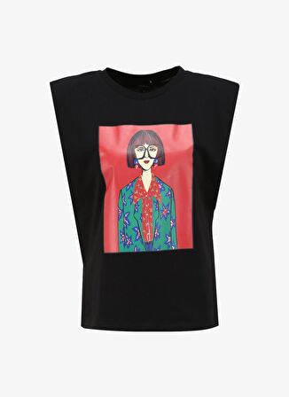 Fabrika Bisiklet Yaka Baskılı Siyah Kadın T-Shirt F4SL-TST0221
