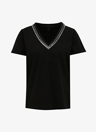 Fabrika Comfort V Yaka İşlemeli Siyah Kadın T-Shirt FC4SL-TST0708