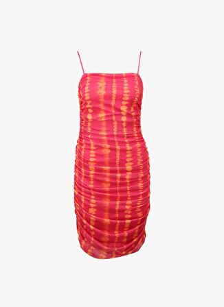 Fabrika Straplez Yaka Batik Pembe - Turuncu Midi Kadın Elbise F4SL-ELB0808