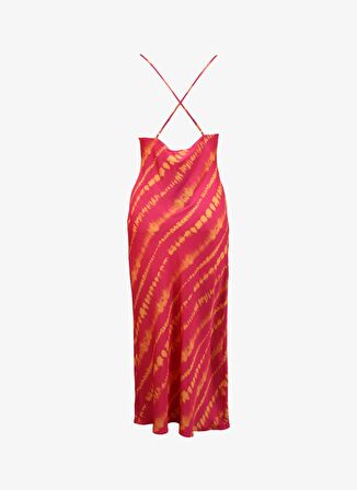 Fabrika V Yaka Batik Pembe - Turuncu Midi Kadın Elbise F4SL-ELB0807