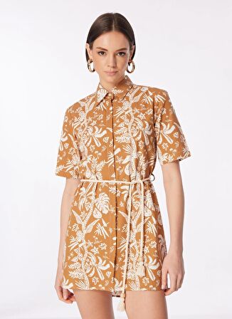 Fabrika Gömlek Yaka Desenli Kahverengi - Beyaz Mini Elbise F4SL-ELB0812