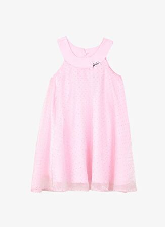 Barbie Pembe Kız Çocuk Bisiklet Yaka Regular Fit Simli Elbise BRB4SG-ELB6005