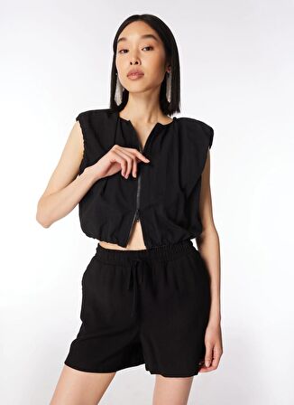 Jeep Crop Top Bisiklet Yaka Düz Örgü Desenli Siyah Kadın Gömlek C4SL-GML4003