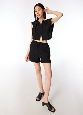 Jeep Crop Top Bisiklet Yaka Düz Örgü Desenli Siyah Kadın Gömlek C4SL-GML4003