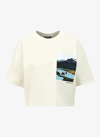 Discovery Expedition Beyaz Kadın Bisiklet Yaka Oversize Baskılı T-Shirt D4SL-TST3046