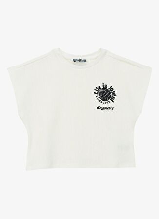 Beyaz Kız Çocuk Bisiklet Yaka Oversize Baskılı T-Shirt D4SG-TST3104
