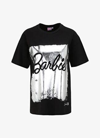 Barbie Siyah Kadın Bisiklet Yaka Relaxed Baskılı T-Shirt BRB4SL-TST6050