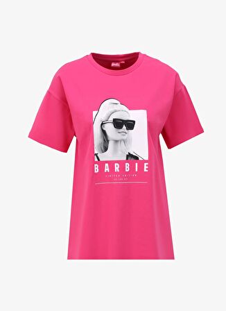 Barbie Pembe Kadın Bisiklet Yaka Loose Fit Baskılı T-Shirt BRB4SL-TST6088