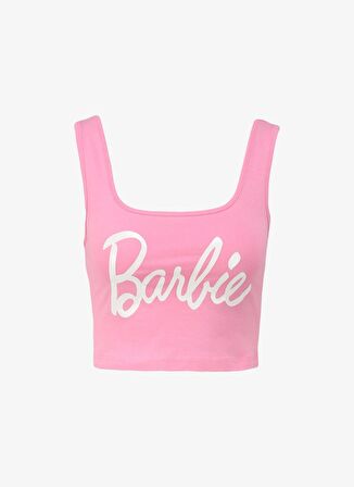 Barbie Pembe Kadın Kare Yaka Crop Baskılı Bluz BRB4SL-BLZ6065