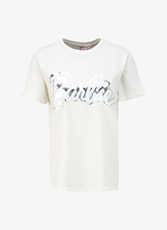 Barbie Ekru Kadın Bisiklet Yaka Relaxed Baskılı T-Shirt BRB4SL-TST6053