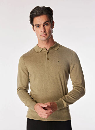 Fabrika Polo Yaka Basic Düz Haki Melanj Erkek Kazak F4WM-KZK 2843