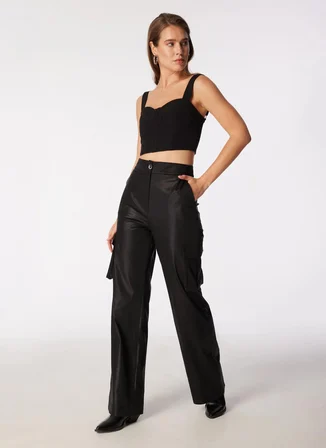 People By Fabrika Yüksek Bel Bol Kesim Siyah Kadın Pantolon SPBF4SL-PNT5046