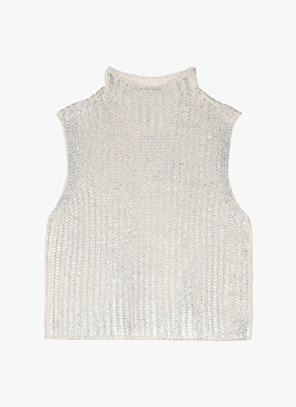 Fabrika Yarım Balıkçı Yaka Crop Varaklı Ekru Kazak Kadın F4WL-KZK0615