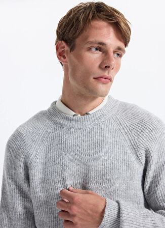 Fabrika Bisiklet Yaka Relaxed Düz Gri Melanj Erkek Kazak F4WM-KZK 2598