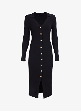 V Yaka Siyah Kadın Midi Elbise F4WL-ELB0363