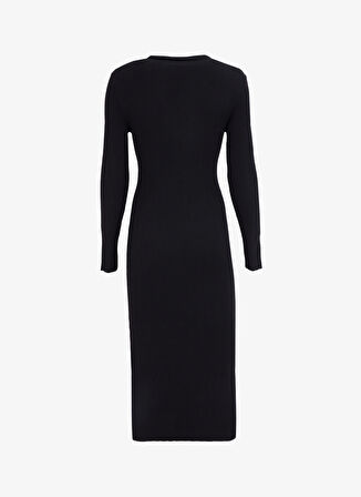 V Yaka Siyah Kadın Midi Elbise F4WL-ELB0363