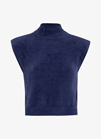 Fabrika Dik Yaka Crop Düz Lacivert Kazak Kadın F4WL-KZK0391
