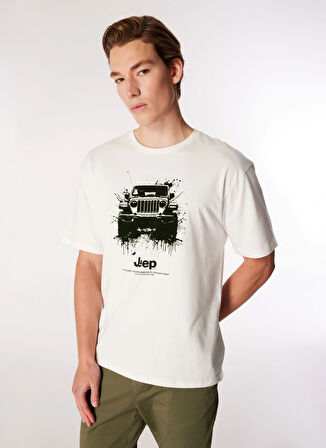 Jeep Bisiklet Yaka Baskılı Ekru Erkek T-Shirt J4WM-TST7248