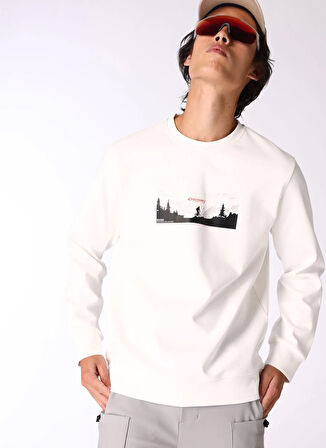 Kırık Beyaz Erkek Bisiklet Yaka Relaxed Fit Baskılı Sweatshirt D4WM-SWT3224