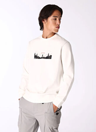 Kırık Beyaz Erkek Bisiklet Yaka Relaxed Fit Baskılı Sweatshirt D4WM-SWT3224