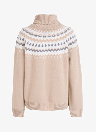 Bej Kadın Balıkçı Yaka Relaxed Desenli Kazak D4WL-KZK3652