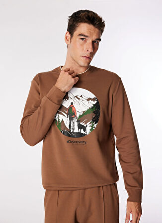 Açık Kahve Erkek Bisiklet Yaka Relaxed Fit Baskılı Sweatshirt D4WM-SWT3271
