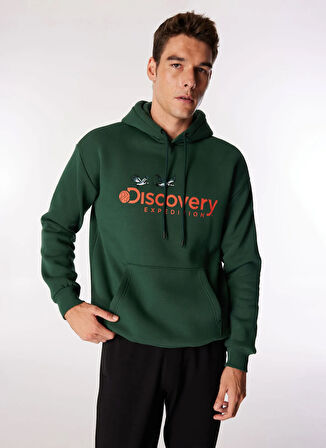 Koyu Yeşil Erkek Kapüşon Yaka Loose Fit Nakışlı Sweatshirt D4WM-SWT3248