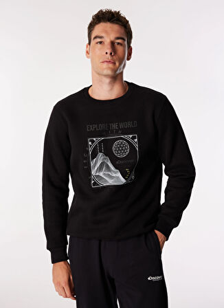 Siyah Erkek Bisiklet Yaka Relaxed Fit Baskılı Sweatshirt D4WM-SWT3270