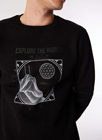 Siyah Erkek Bisiklet Yaka Relaxed Fit Baskılı Sweatshirt D4WM-SWT3270