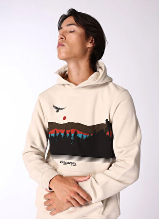 Bej Erkek Kapüşon Yaka Relaxed Fit Baskılı Sweatshirt D4WM-SWT3326