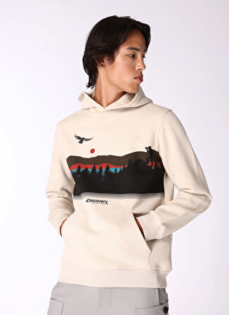 Bej Erkek Kapüşon Yaka Relaxed Fit Baskılı Sweatshirt D4WM-SWT3326