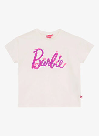 Barbie Payetli Beyaz - Pembe Kız Çocuk T-Shirt BRB5SG-TST6020