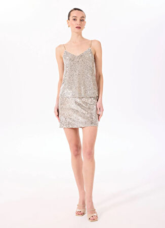 Fabrika V Yaka Payetli Bej Kadın Bluz F5SL-BLZ0278