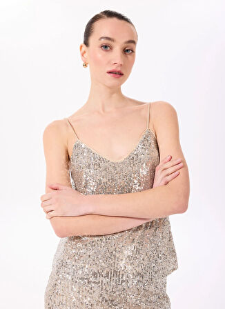 Fabrika V Yaka Payetli Bej Kadın Bluz F5SL-BLZ0278