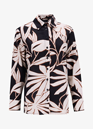 Fabrika Comfort Rahat Gömlek Yaka Desenli Bej - Siyah Kadın Gömlek FC5SL-GML0146