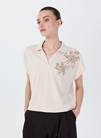 Fabrika Polo Yaka Payetli Bej Kadın T-Shirt F5SL-TST0191