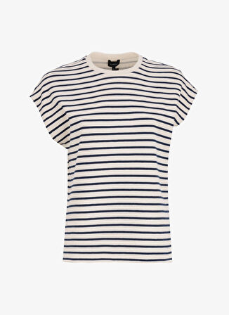 Fabrika Bisiklet Yaka Çizgili Ekru - Lacivert Kadın T-Shirt F5SL-TST0189