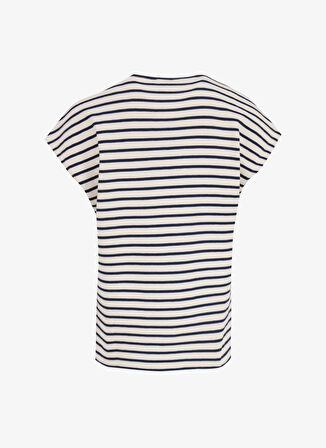 Fabrika Bisiklet Yaka Çizgili Ekru - Lacivert Kadın T-Shirt F5SL-TST0189