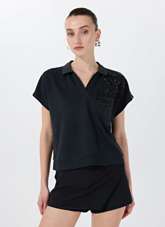 Fabrika Polo Yaka Payetli Lacivert Kadın T-Shirt F5SL-TST0191