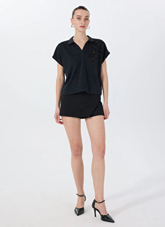 Fabrika Polo Yaka Payetli Lacivert Kadın T-Shirt F5SL-TST0191