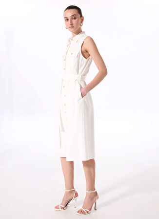 Fabrika Gömlek Yaka Düz Beyaz Diz Altı Kadın Elbise F5SL-ELB0015