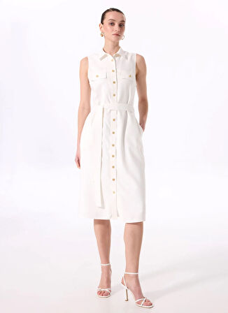 Fabrika Gömlek Yaka Düz Beyaz Diz Altı Kadın Elbise F5SL-ELB0015