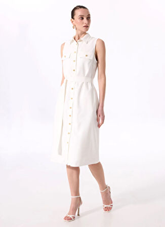 Fabrika Gömlek Yaka Düz Beyaz Diz Altı Kadın Elbise F5SL-ELB0015